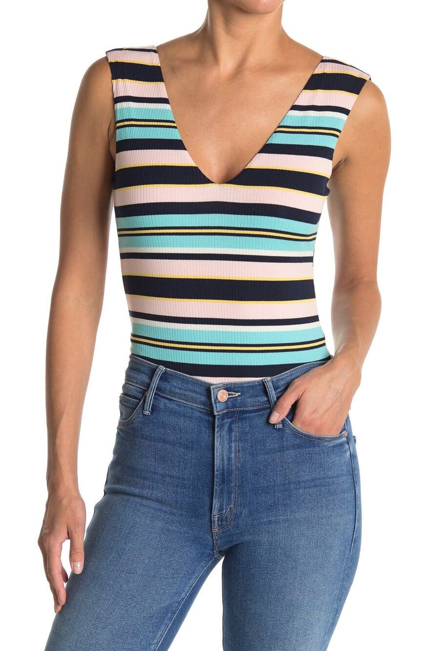 AFRM Striped Ribbed Double V-Neck Sleeveless Bodysuit Pastel Pink size XS NWOT